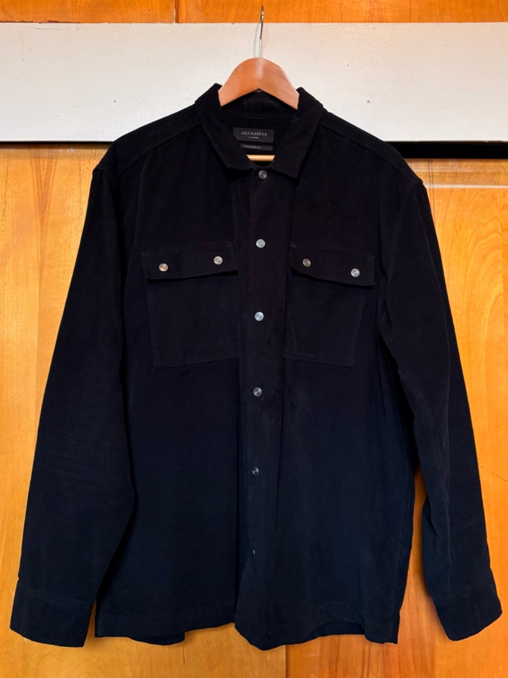 All Saints Men’s Black Corduroy Shirt Jacket with Chest Flap Pockets, size XL.
